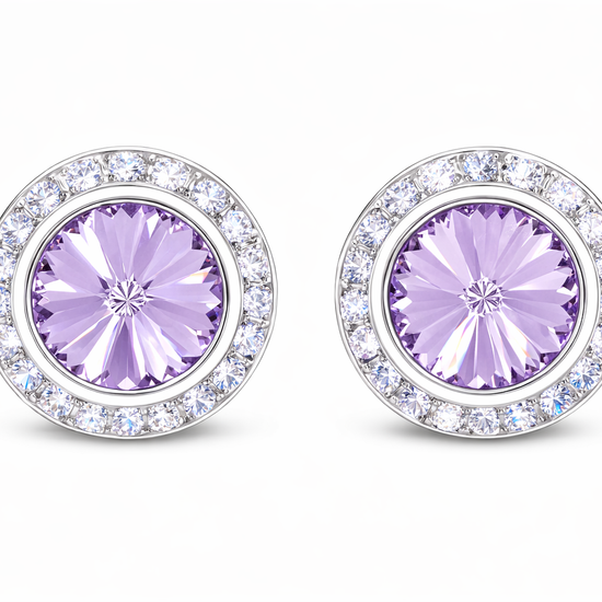 Light Amethyst rondel dance earrings with rivoli center shown as a pair on a white background.