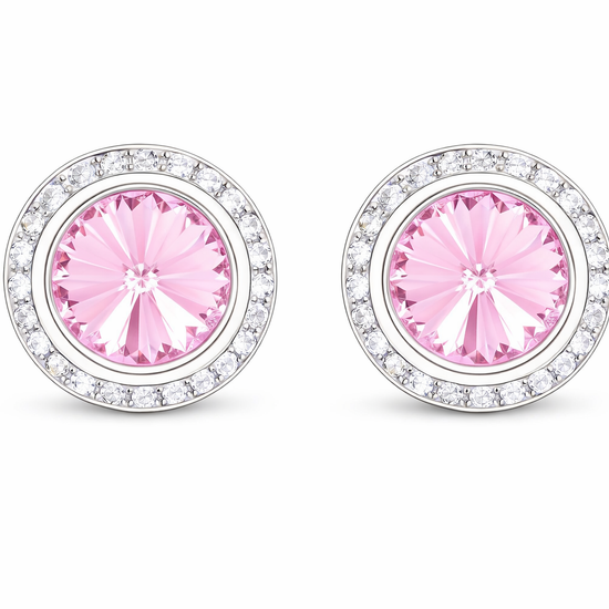 Light Rose rondel dance earrings with rivoli center shown as a pair on a white background.