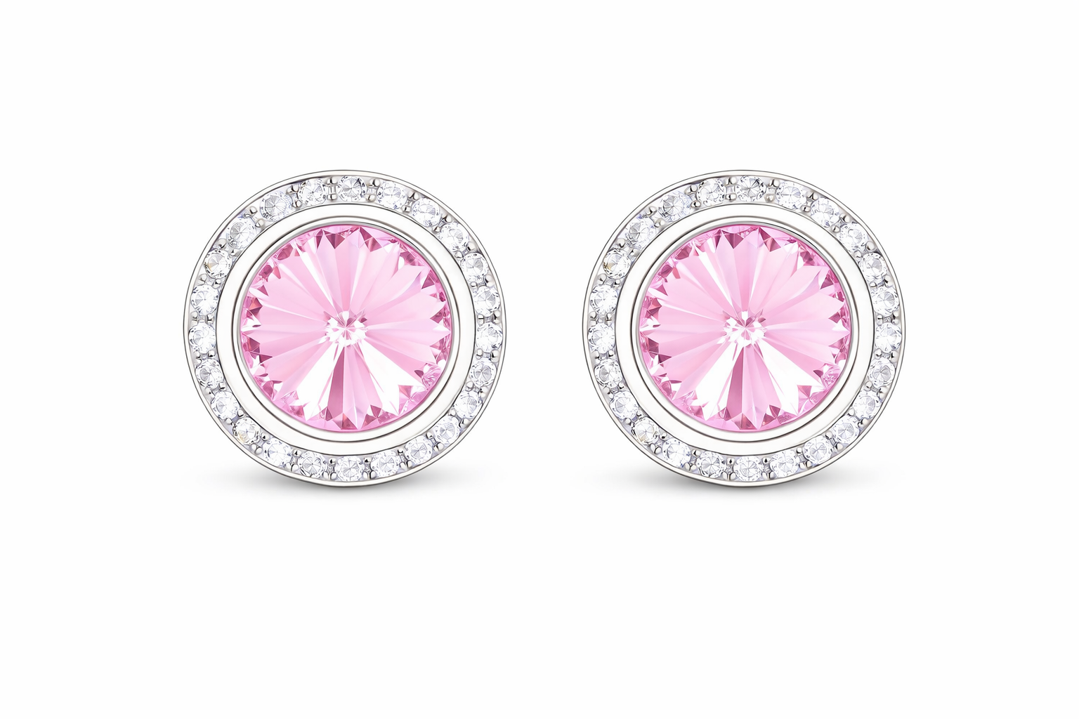 Light Rose rondel dance earrings with rivoli center shown as a pair on a white background.