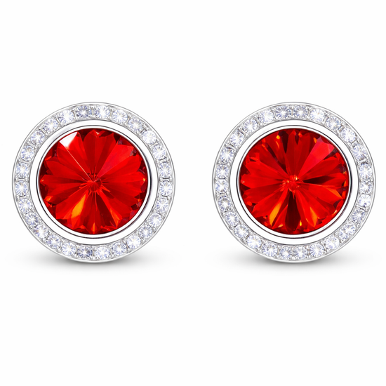 Light Siam rondel dance earrings with rivoli center shown as a pair on a white background.