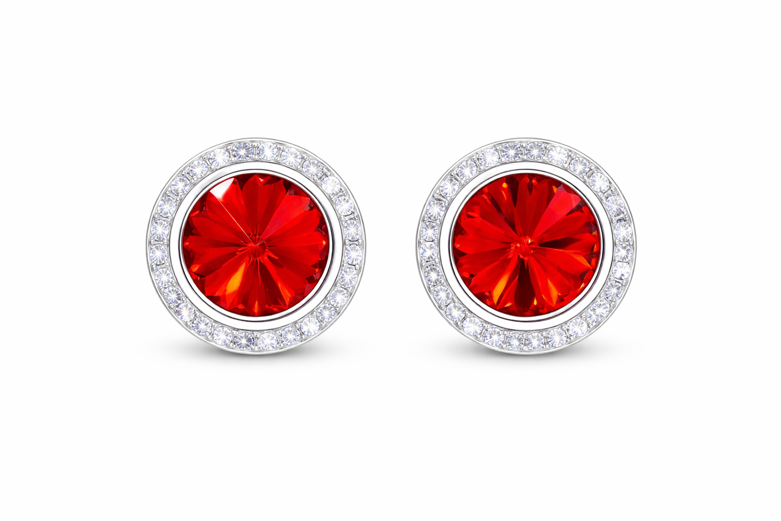 Light Siam rondel dance earrings with rivoli center shown as a pair on a white background.