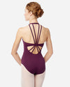 Burgundy camisole leotard back view showing strappy back detail