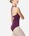 Burgundy camisole leotard side view worn by model