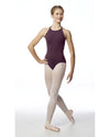 Burgundy camisole leotard front view worn by model with ballet tights