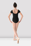 Back view of black cap sleeve leotard with scoop back and ballet leg line