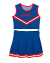 Red and navy mini cheer outfit displayed on a hanger