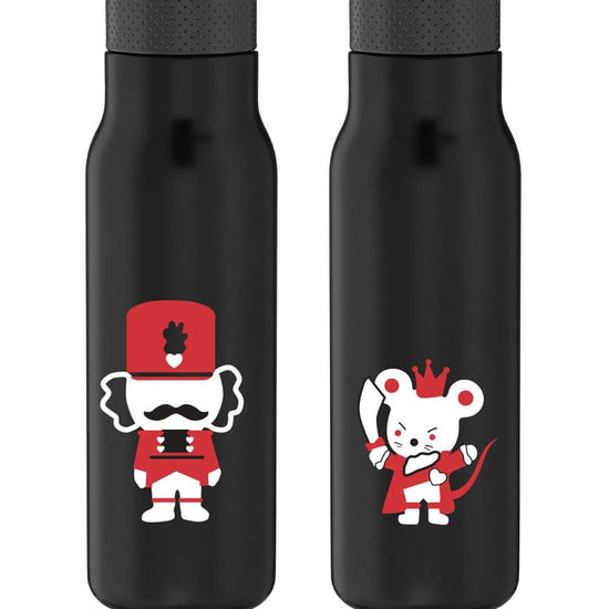 Black water bottle featuring Nutcracker and Mouse King ballet characters