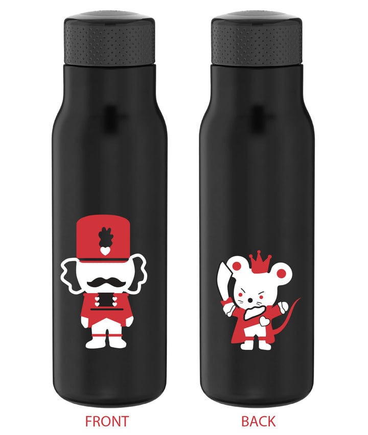 Black water bottle featuring Nutcracker and Mouse King ballet characters