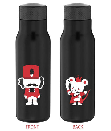 Black water bottle featuring Nutcracker and Mouse King ballet characters