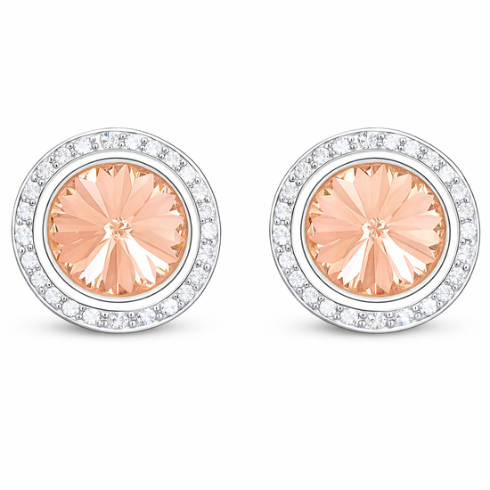 Peach rondel dance earrings with rivoli center shown as a pair on a white background.