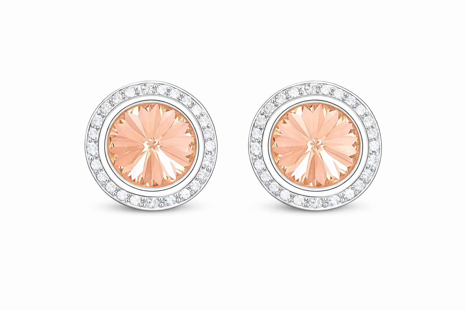 Peach rondel dance earrings with rivoli center shown as a pair on a white background.