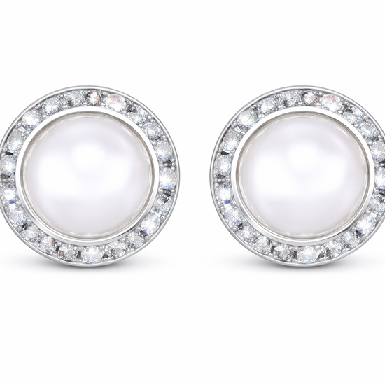 Pearl rondel dance earrings with rivoli center shown as a pair on a white background.