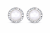 Pearl rondel dance earrings with rivoli center shown as a pair on a white background.