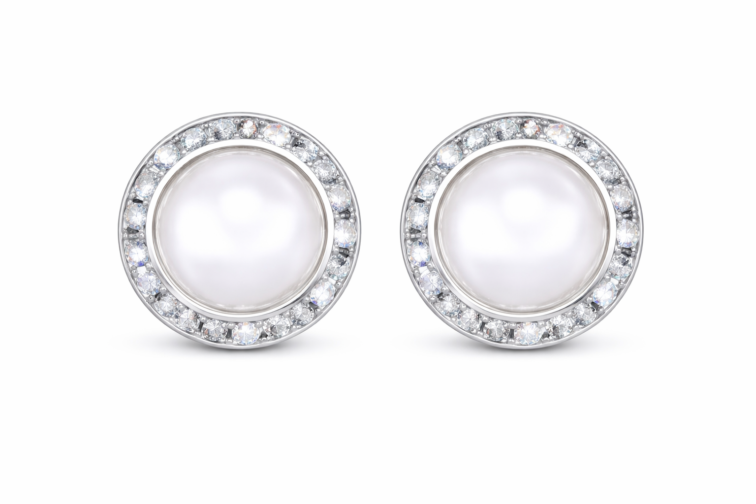 Pearl rondel dance earrings with rivoli center shown as a pair on a white background.