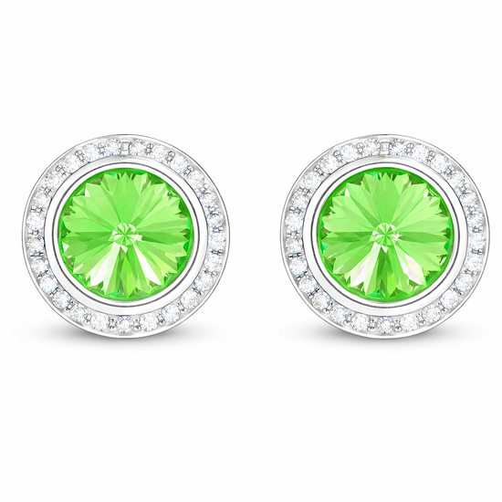 Peridot rondel dance earrings with rivoli center shown as a pair on a white background.