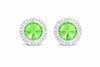 Peridot rondel dance earrings with rivoli center shown as a pair on a white background.
