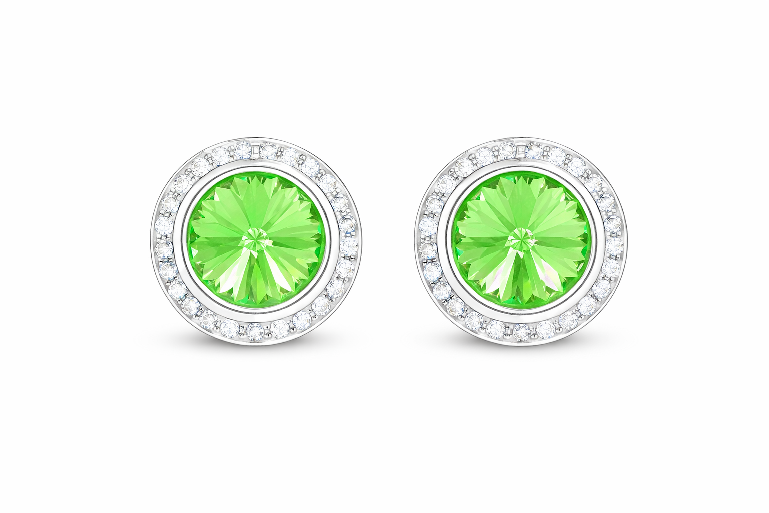 Peridot rondel dance earrings with rivoli center shown as a pair on a white background.