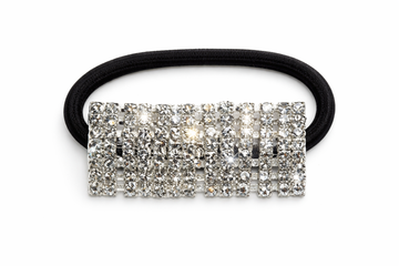 Silver rhinestone flex band stretch ponytail holder with black elastic band on a white background