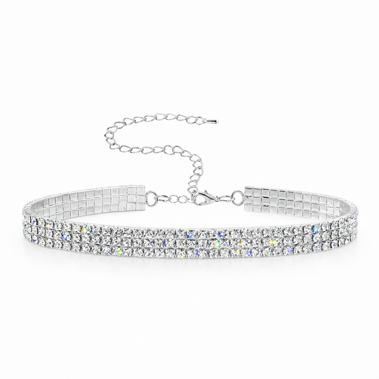 Silver three row stretch rhinestone necklace with adjustable chain on a white background
