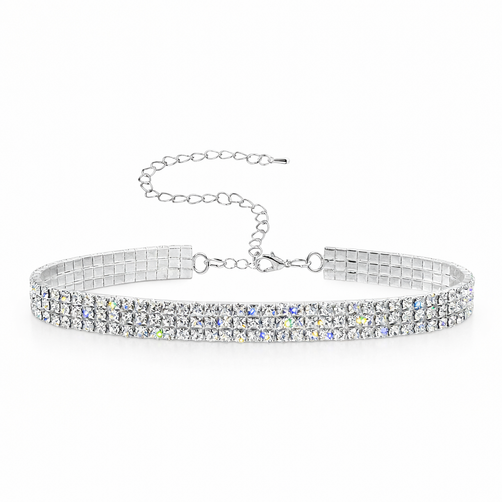 Silver three row stretch rhinestone necklace with adjustable chain on a white background