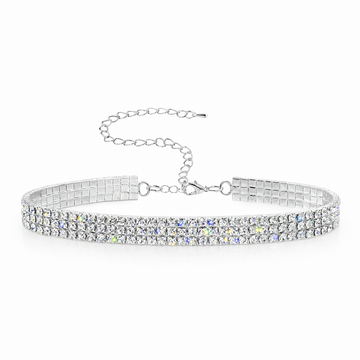 Silver three row stretch rhinestone necklace with adjustable chain on a white background