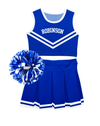 Blue mini cheer outfit shown with matching pom poms