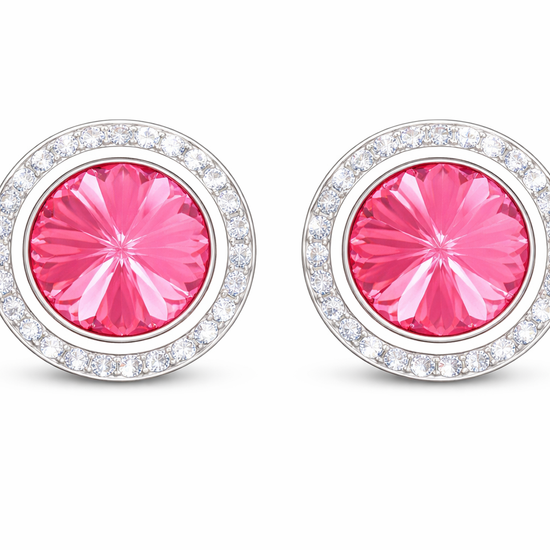 Rose rondel dance earrings with rivoli center shown as a pair on a white background.