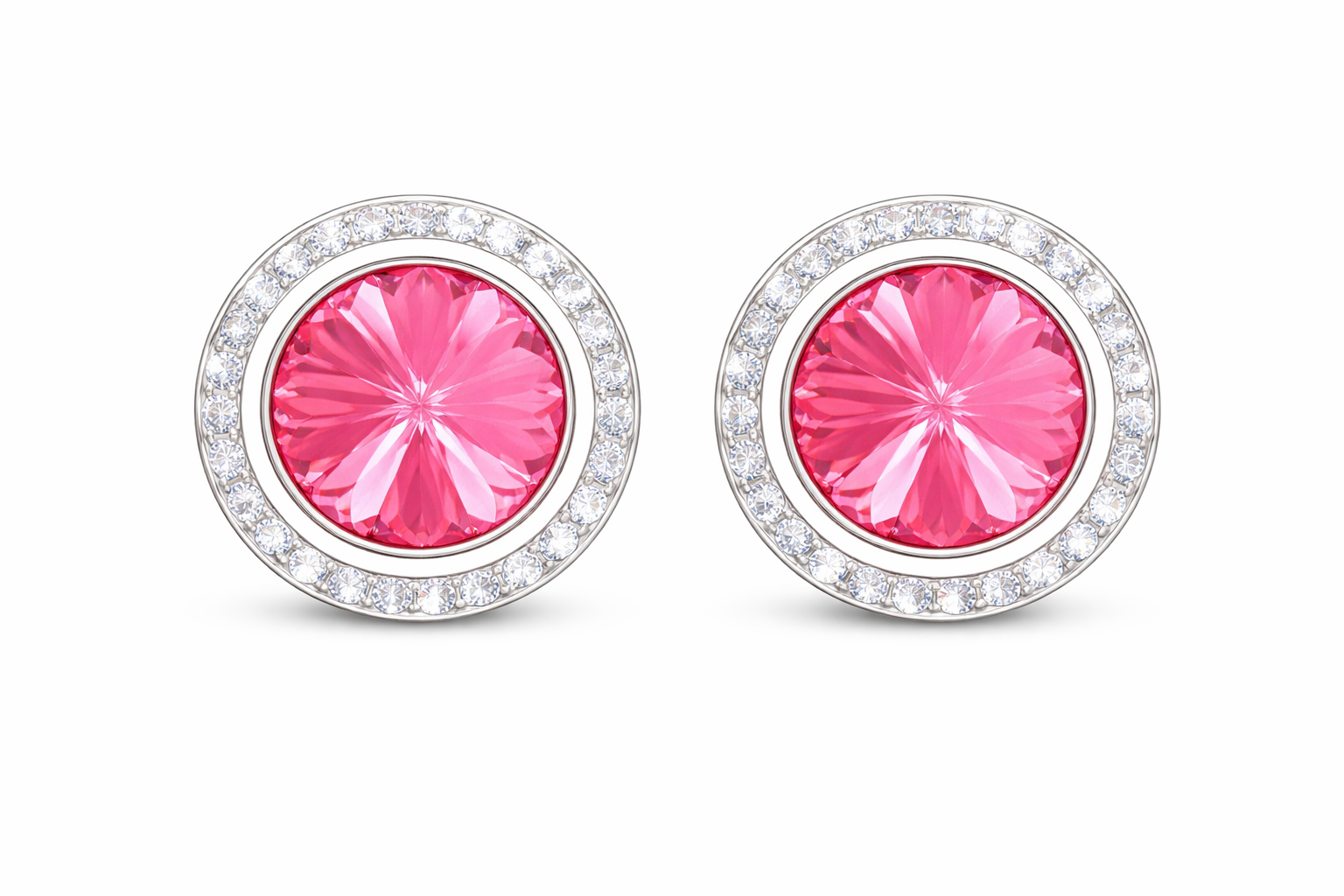 Rose rondel dance earrings with rivoli center shown as a pair on a white background.