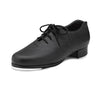 Child black oxford-style leather tap shoe with lace-up front, angled side view