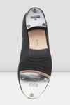 Bottom view of children’s tap shoe showing metal taps and sole