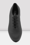 Top view of black children’s lace-up tap shoe