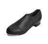 Black slip-on leather tap shoe for adult dancers, angled side view