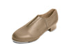 Tan slip-on leather tap shoe for adult dancers, angled side view
