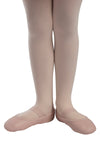 Front view of dancer standing in pink full sole ballet shoes
