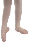Side view of dancer in pink full sole ballet shoes showing foot alignment