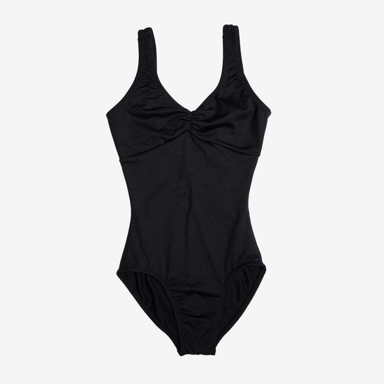 Girls black tank ballet leotard with pinch front neckline.
