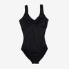Girls black tank ballet leotard with pinch front neckline.