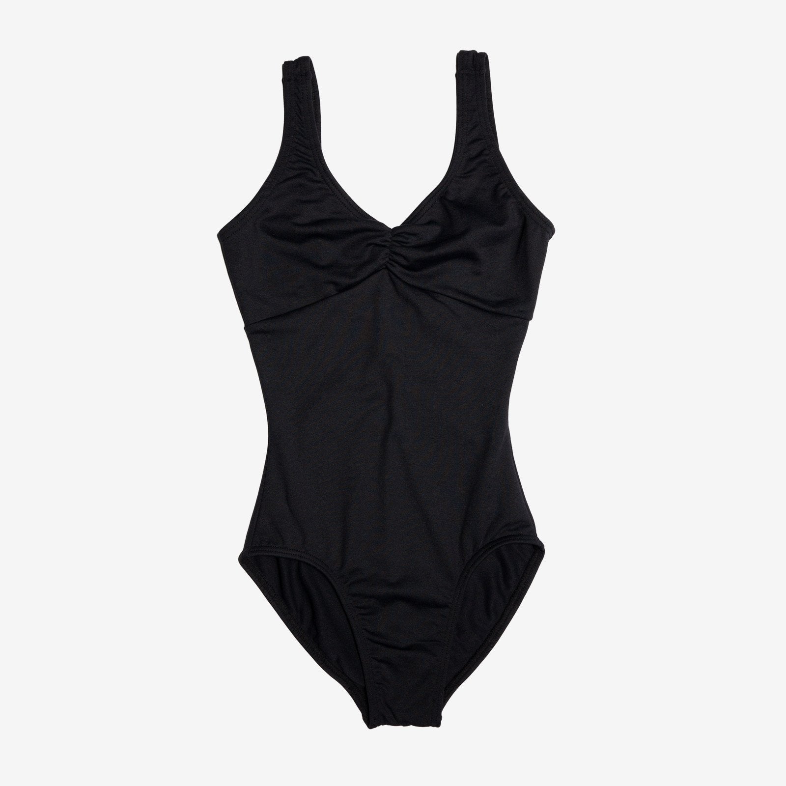 Girls black tank ballet leotard with pinch front neckline.