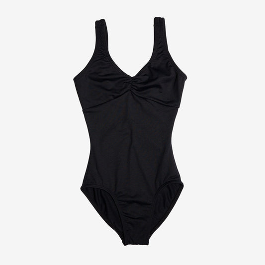 Girls black tank ballet leotard with pinch front neckline.