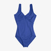 Blue tank leotard with pinch front shown flat