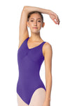 Model wearing purple tank leotard with scoop back