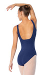 Back view of navy tank leotard with scoop back