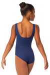 Back view of navy tank ballet leotard for girls.