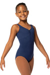 Girl wearing navy tank ballet leotard with pinch front neckline.