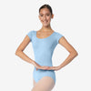 Dancer wearing light blue cap sleeve leotard, front view