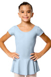 Child wearing light blue cap sleeve dance dress with attached skirt, front view.