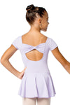 Back view of child cap sleeve dance dress showing bow detail.