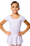 Child wearing lilac cap sleeve dance dress with attached skirt, front view.