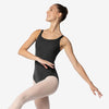 Ballet dancer wearing a black tank leotard with scoop neckline, shown in a studio pose