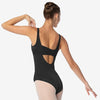 Back view of a black tank leotard with wide gathered straps and open back design
